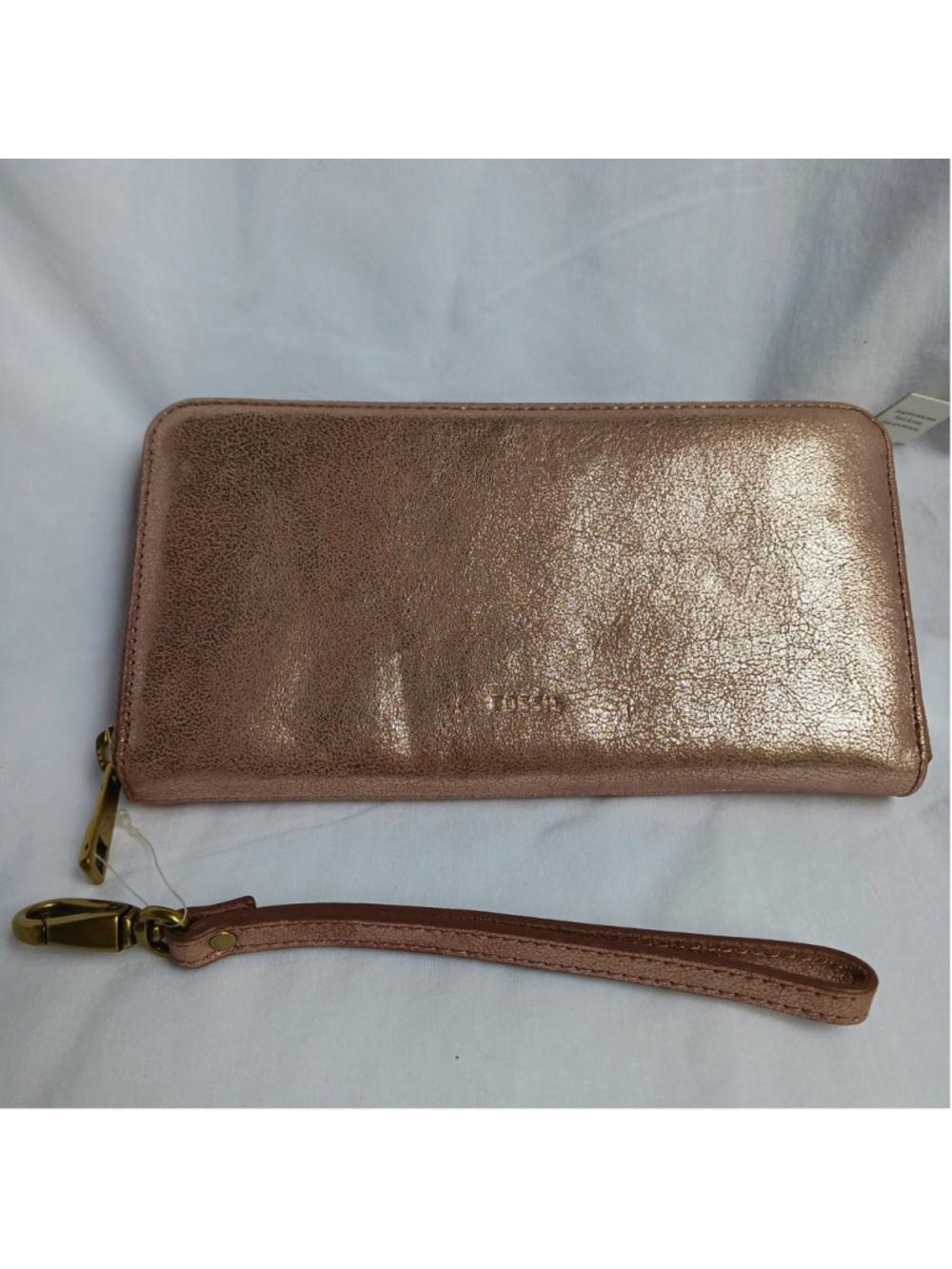 Fossil Rose Gold Leather Zip Around Wallet Wristlet NEW RFID